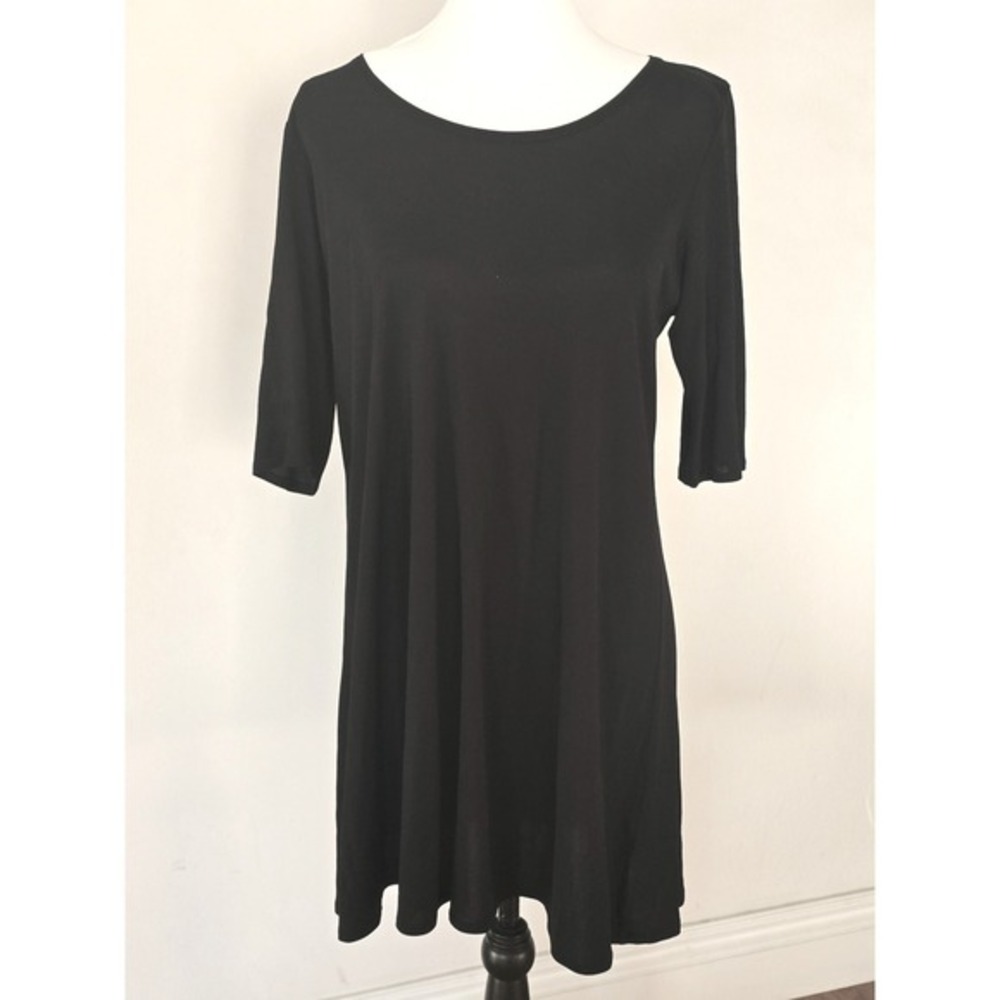 Eileen Fisher Black 100% Silk Jersey Scoop Neck Elbow‎ Sleeve Shift Dress Medium